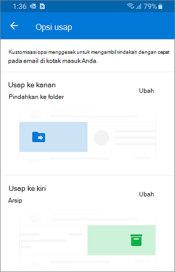 Mengatur opsi Usapkan di Outlook Mobile