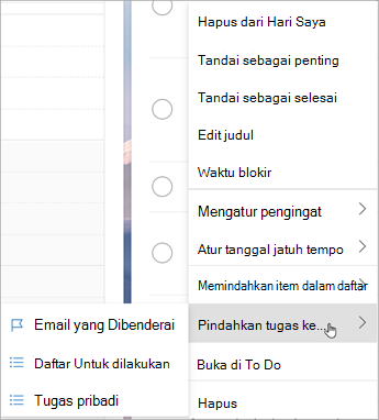 Tekan dan tahan (atau klik kanan) untuk mengakses menu konteks. Pilih Pindahkan tugas ke ... lalu pilih daftar yang ingin Anda pindahkan tugasnya.