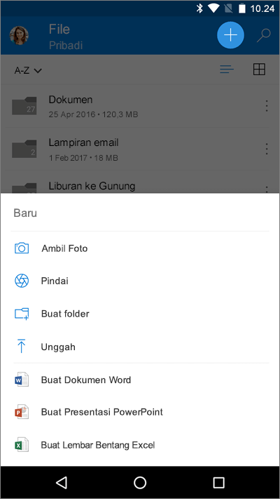 Cuplikan layar dari layar File di Word untuk iOS, memperlihatkan menu Tambahkan.