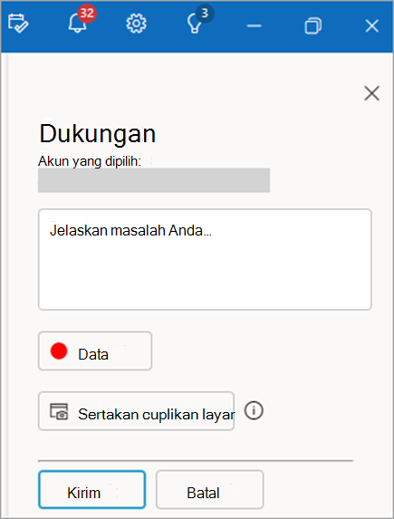 Cuplikan layar panel dukungan kontak memperlihatkan area untuk memberikan deskripsi masalah