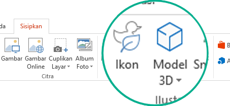 Tombol untuk Ikon dan Model 3D pada tab Sisipkan di pita toolbar dalam Office 365.