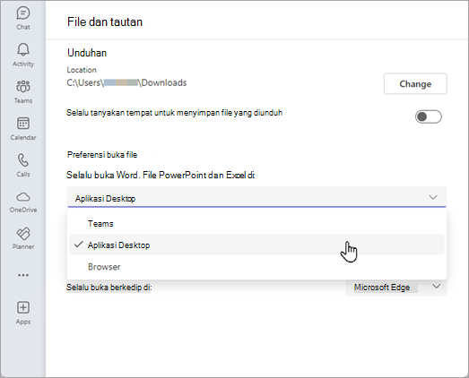 Di Pengaturan Teams, pilih preferensi file yang terbuka di bawah File dan tautan.