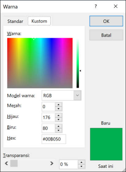 Pemilih warna di aplikasi Office. Di bawah bidang RGB, terdapat bidang baru untuk memasukkan nilai warna Hex.
