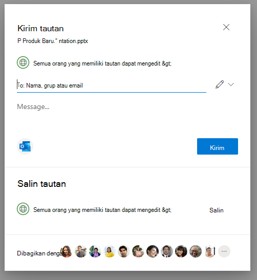 Cuplikan layar halaman Pengaturan Tautan pada pop-up Bagikan di OneDrive