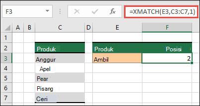 Tabel Excel mencantumkan produk buah yang berbeda dari sel C3 hingga C7. Rumus XMATCH digunakan untuk menemukan posisi dalam tabel tempat teks cocok dengan "gra" (ditentukan dalam sel E3). Rumus mengembalikan "2" sebagai teks "Anggur" berada di posisi dua dalam tabel.