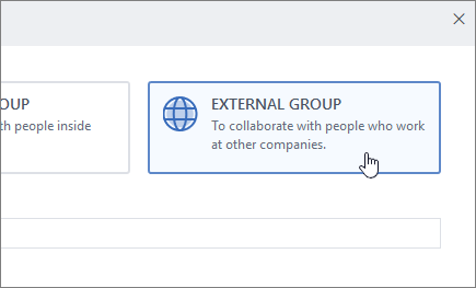 Cuplikan layar memperlihatkan layar Buat grup di grup Yammer dengan Grup Eksternal dipilih.