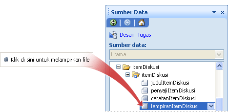 Hubungan antara kontrol lampiran file pada templat formulir dan bidang terkait di sumber data