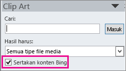 Kotak centang Sertakan konten Bing