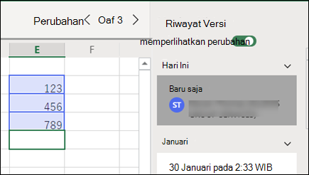 Panel Riwayat Versi di Excel untuk web