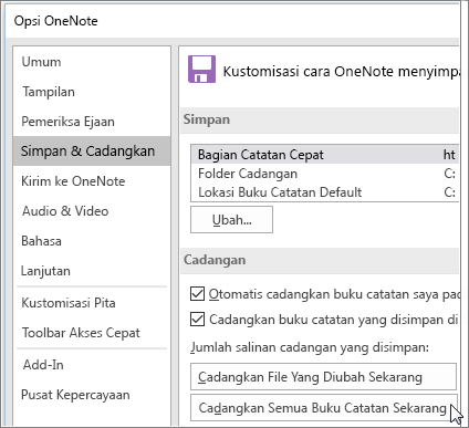 Cuplikan layar kotak dialog Opsi OneNote di OneNote 2016.