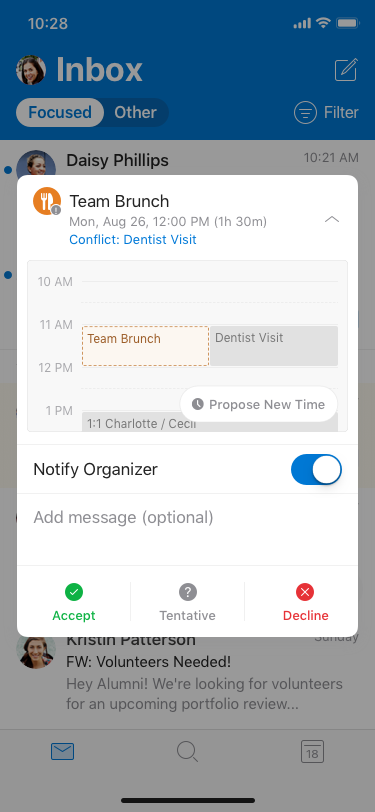 Outlook iOS mengusulkan waktu baru