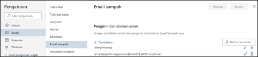 Cuplikan layar memperlihatkan area Pengirim aman dalam pengaturan Email Sampah pada Email di Pengaturan untuk Outlook.com.