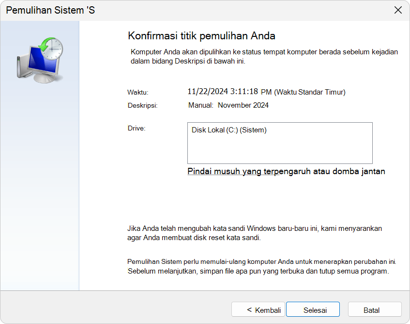 Cuplikan layar Pemulihan Sistem.
