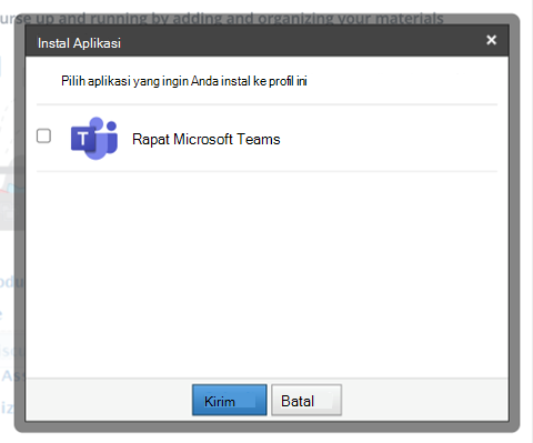 Cuplikan layar kursus Schoologi menyoroti modal Instal Aplikasi, memperlihatkan opsi Rapat Microsoft Teams.
