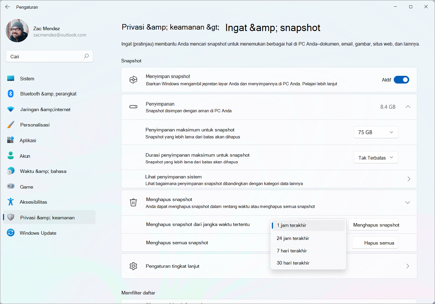 Cuplikan layar opsi penyimpanan di halaman snapshot Ingat & di pengaturan Windows