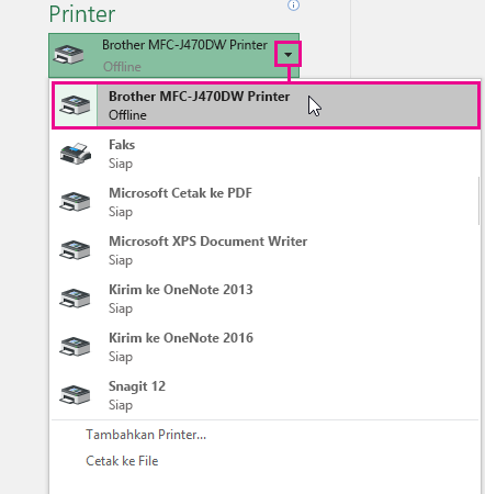 Daftar menurun memperlihatkan semua printer yang tersedia yang bisa disambungkan komputer Anda. Klik yang Anda inginkan.