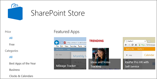 Tampilan pilihan aplikasi SharePoint Store