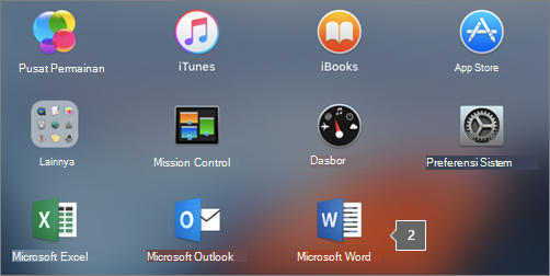 Menunjukkan ikon Microsoft Word dalam tampilan parsial Launchpad