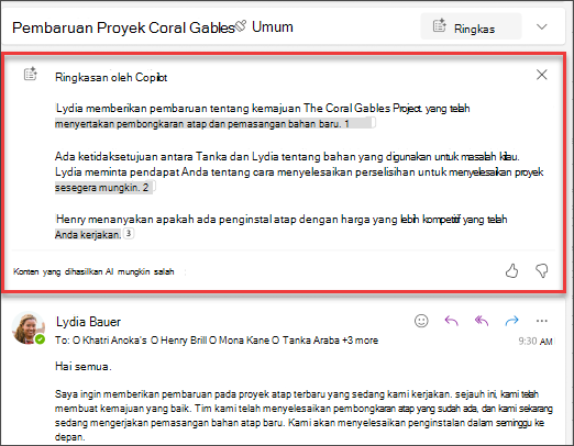 Ringkasan utas email dengan kutipan yang dibuat oleh Copilot.