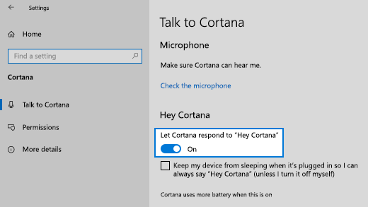Settings page where to enable or disable "Hey Cortana" feature.