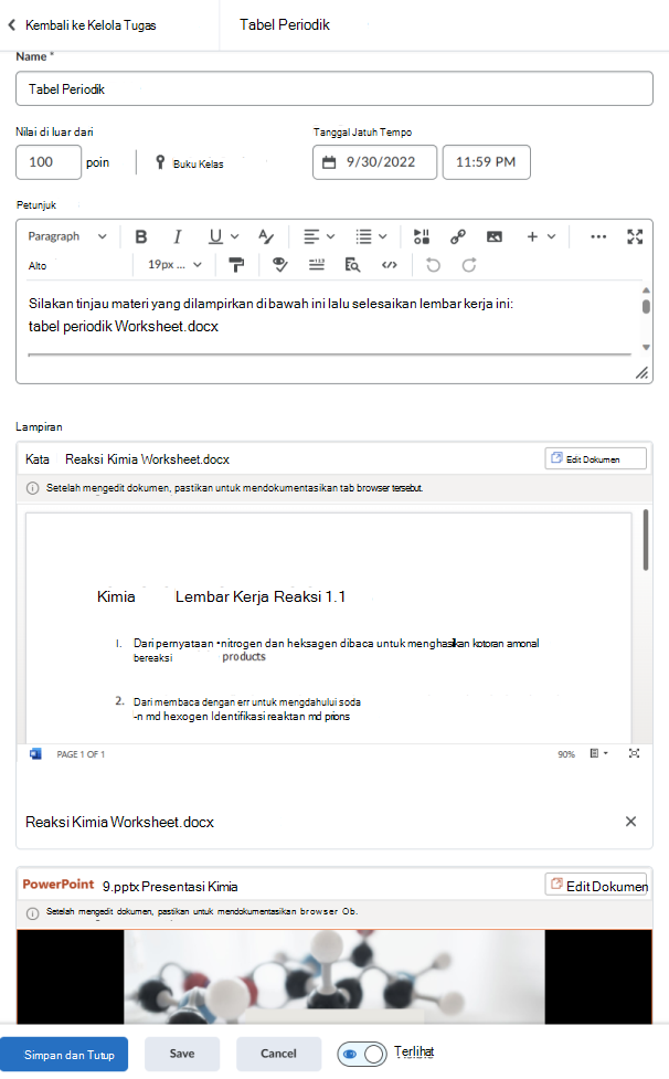 Lampirkan dokumen OneDrive ke Editor Penetapan Brightspace menggunakan tombol Lampirkan.