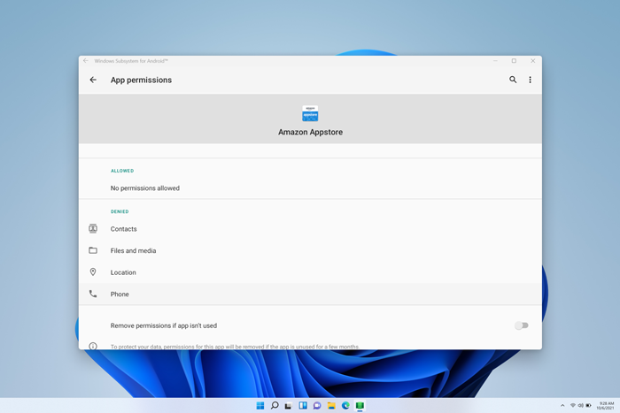 Cuplikan layar pengaturan aplikasi di aplikasi Pengaturan Subsistem Windows untuk Android. 