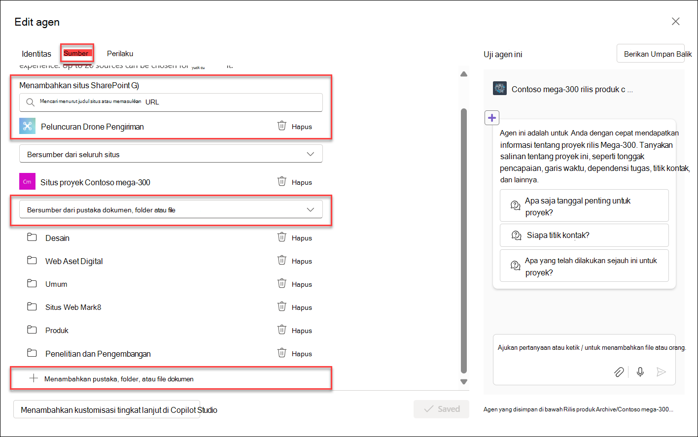 Cuplikan layar menambahkan sumber daya pengetahuan ke agen kopilot