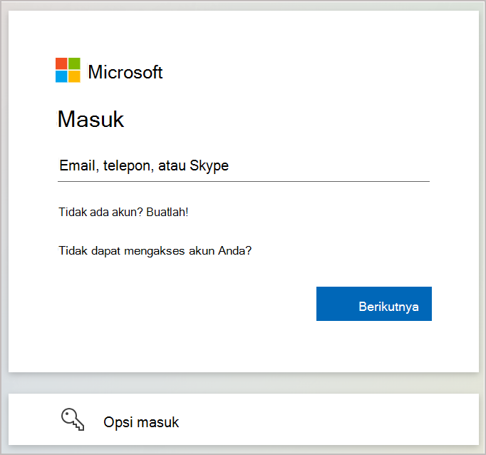 Cuplikan layar memperlihatkan dialog masuk tempat Anda memasukkan email atau nomor telepon yang terkait dengan akun Microsoft Anda.