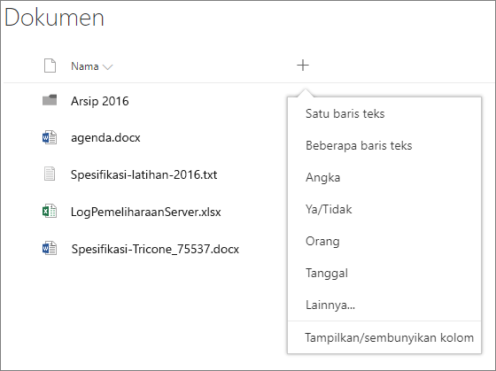 Menu menurun Tambahkan kolom di pustaka dokumen yang tersambung dengan grup
