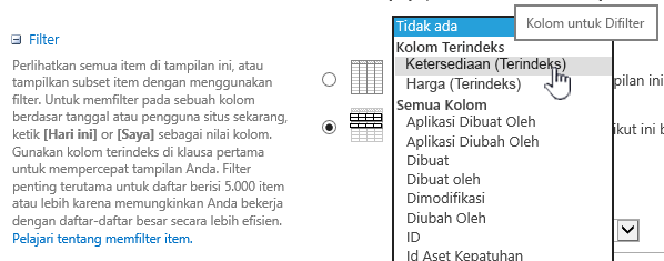 Di SharePoint Online, pilih bidang terindeks