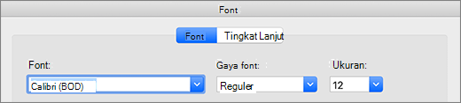 Pilihan font dalam dialog