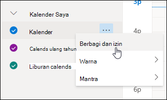 Cuplikan layar kursor yang diarahkan pada Berbagi dan izin dalam menu konteks kalender