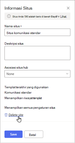 Cuplikan layar panel informasi situs dengan Hapus situs bergaris bawah. Di bagian bawah panel terdapat tombol Simpan dan Batalkan.