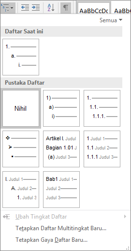 Pilih tombol Daftar Multitingkat untuk menambahkan penomoran ke gaya judul bawaan, misalnya, Judul 1, di judul dokumen Anda.