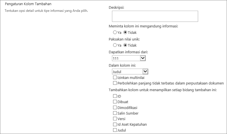 Dialog pilihan kolom pencarian