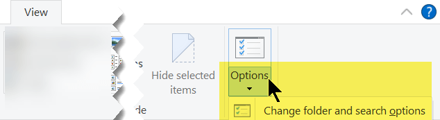 Pada tab Tampilan, di ujung kanan, pilih Ubah Opsi Folder dan Search.