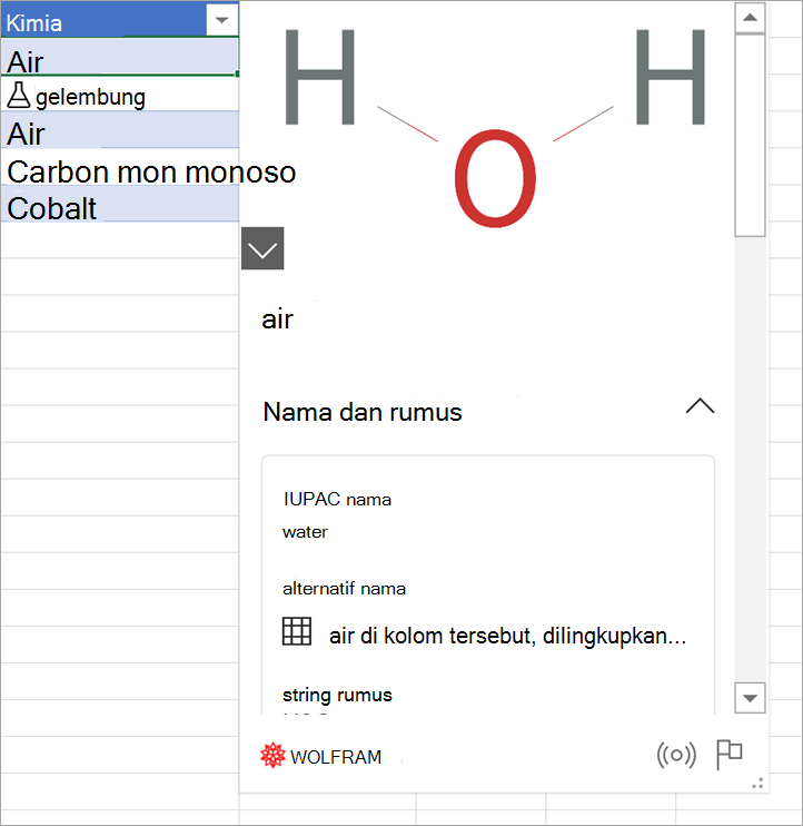 Cuplikan layar kartu data untuk Hidrogen.