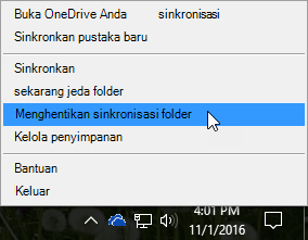 Cuplikan layar menu OneDrive for Business sebelumnya dengan Hentikan sinkronisasi dipilih.
