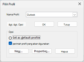 Pilih kotak dialog profil dengan nama profil baru. Selain itu, opsi dipilih.