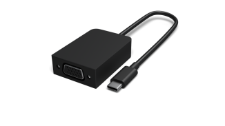Memperlihatkan kabel yang dapat digunakan antara USB-C (lebih kecil) dan VGA (lebih besar).