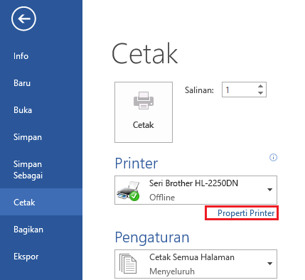 Pada layar Cetak, klik Properti Printer.