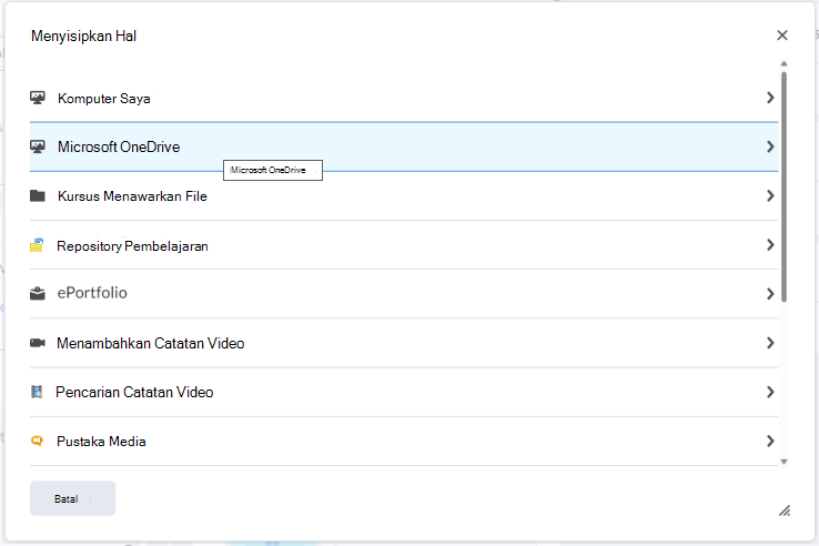 Sematkan file OneDrive di Editor Brightspace menggunakan Menu Sisipkan Konten.
