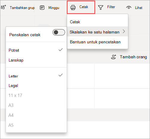 Cuplikan layar memperlihatkan opsi Cetak di Shift untuk mencetak jadwal.