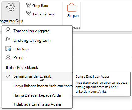 Pilih Pengaturan grup dari pita lalu pilih item mana yang ingin Anda ikuti atau berhenti mengikuti