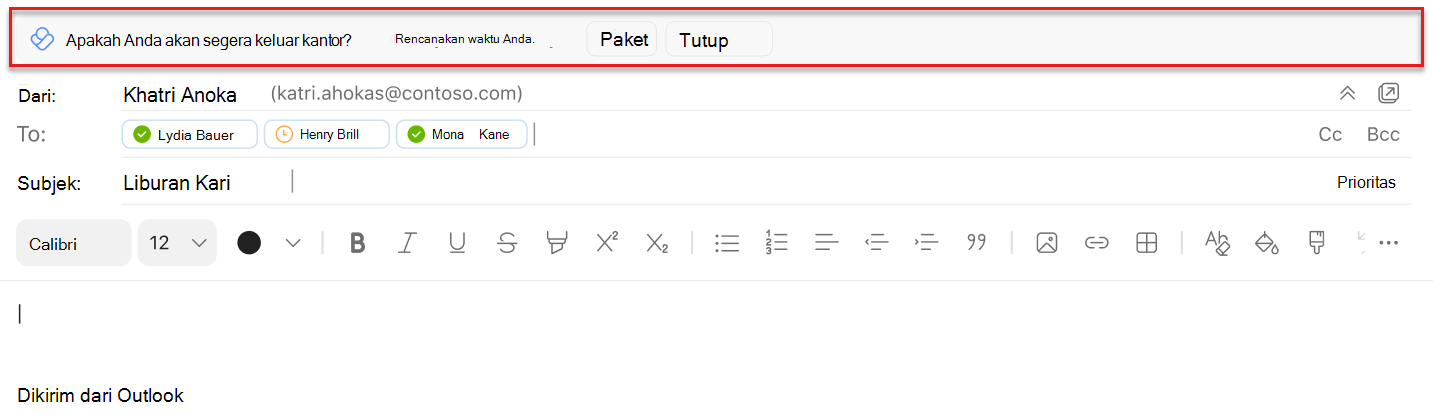 Cuplikan layar saran sebaris untuk merencanakan waktu anda saat menulis email di Outlook