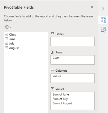 Panel Bidang PivotTable di Excel untuk Web memperlihatkan bidang yang dipilih.