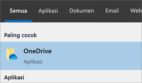 Cuplikan layar mencari aplikasi desktop OneDrive di Windows 10