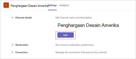 Cuplikan layar halaman pengaturan saluran "American Design Awards". Pilih edit untuk memperbarui nama dan deskripsi saluran. Ini juga mencakup bagian untuk moderasi dan konektor.