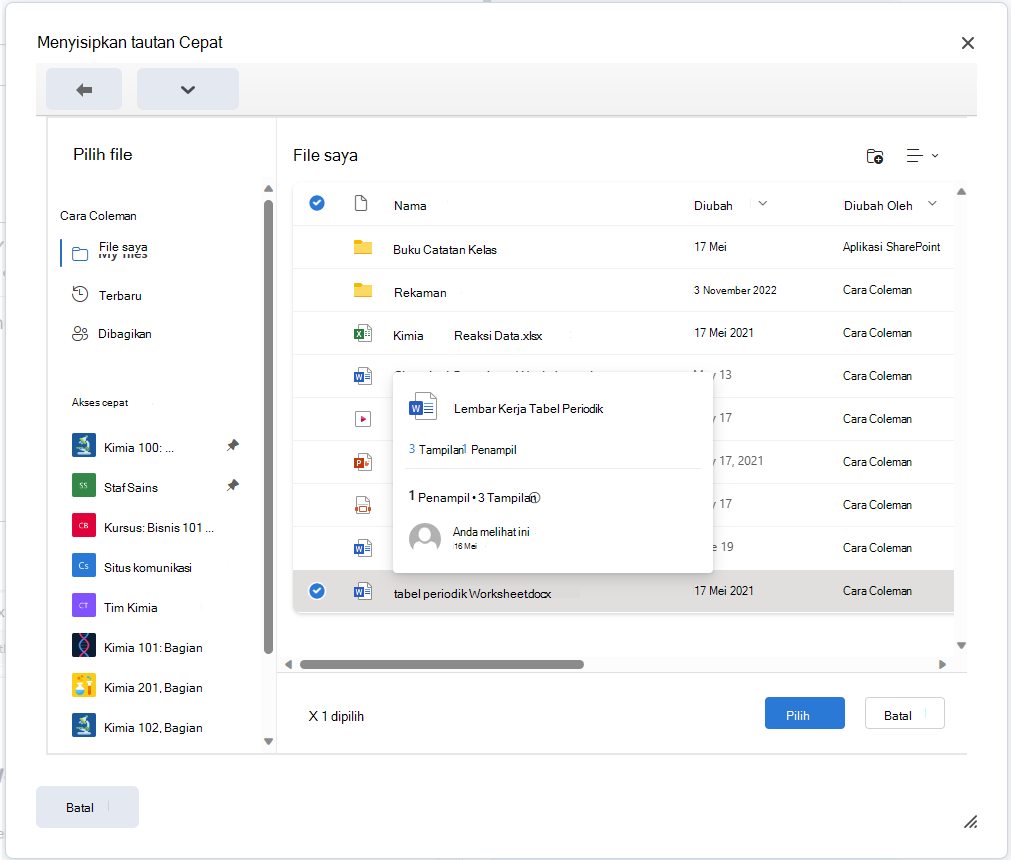 Sematkan file OneDrive di Editor Brightspace menggunakan tombol Sisipkan Tautan Cepat.