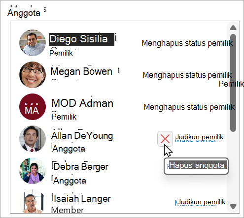 Dalam kotak Anggota, Anda bisa menghapus status pemilik, membuat anggota menjadi pemilik, atau menghapus anggota.